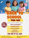 Colorful Back to School Flyer Template featuring a school bus and apple graphics for welcome events, open houses, and PTA meetings.