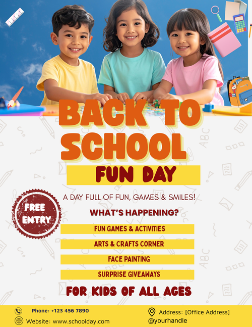 Colorful Back to School Flyer Template featuring a school bus and apple graphics for welcome events, open houses, and PTA meetings.