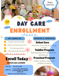 Blue and white Enrollment Flyer Template for school registration and daycare admission.