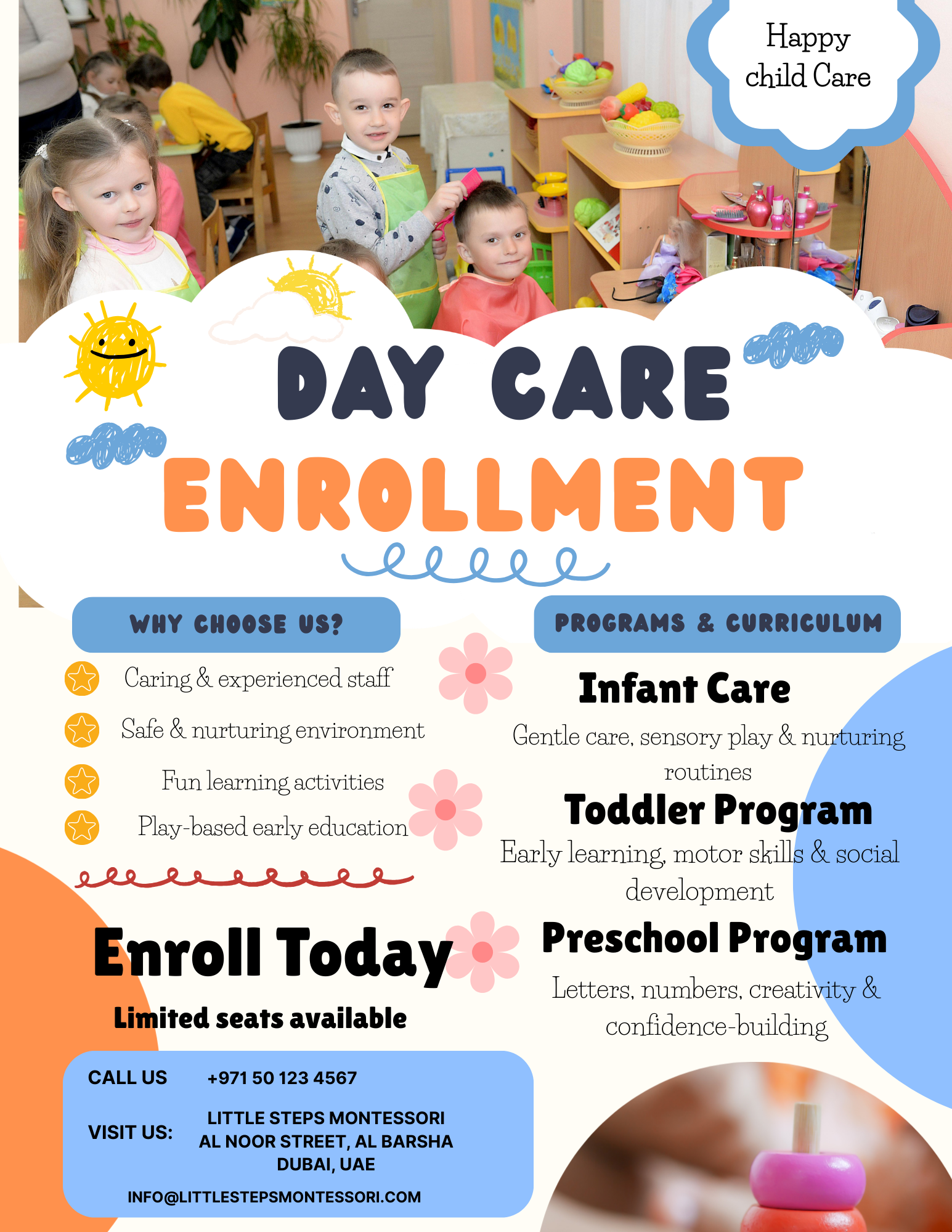 Blue and white Enrollment Flyer Template for school registration and daycare admission.