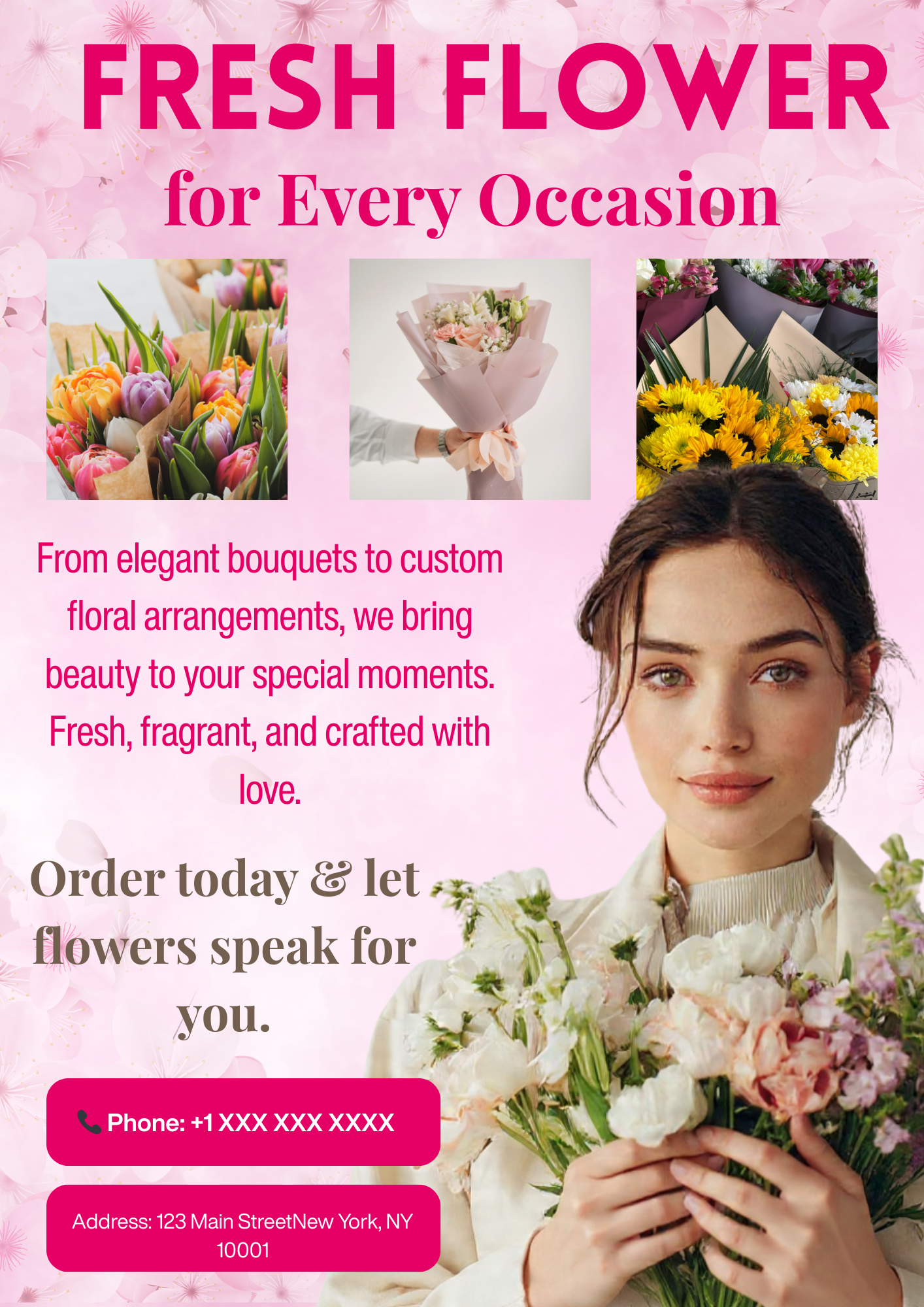 Pastel botanical Florist Flyer Template with flower bouquet illustrations for flower shop marketing.