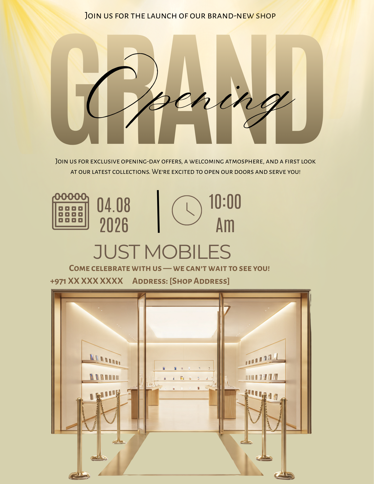 Modern gold and black Grand Opening Flyer Template featuring launch party graphics for new business announcements and ribbon-cutting events.