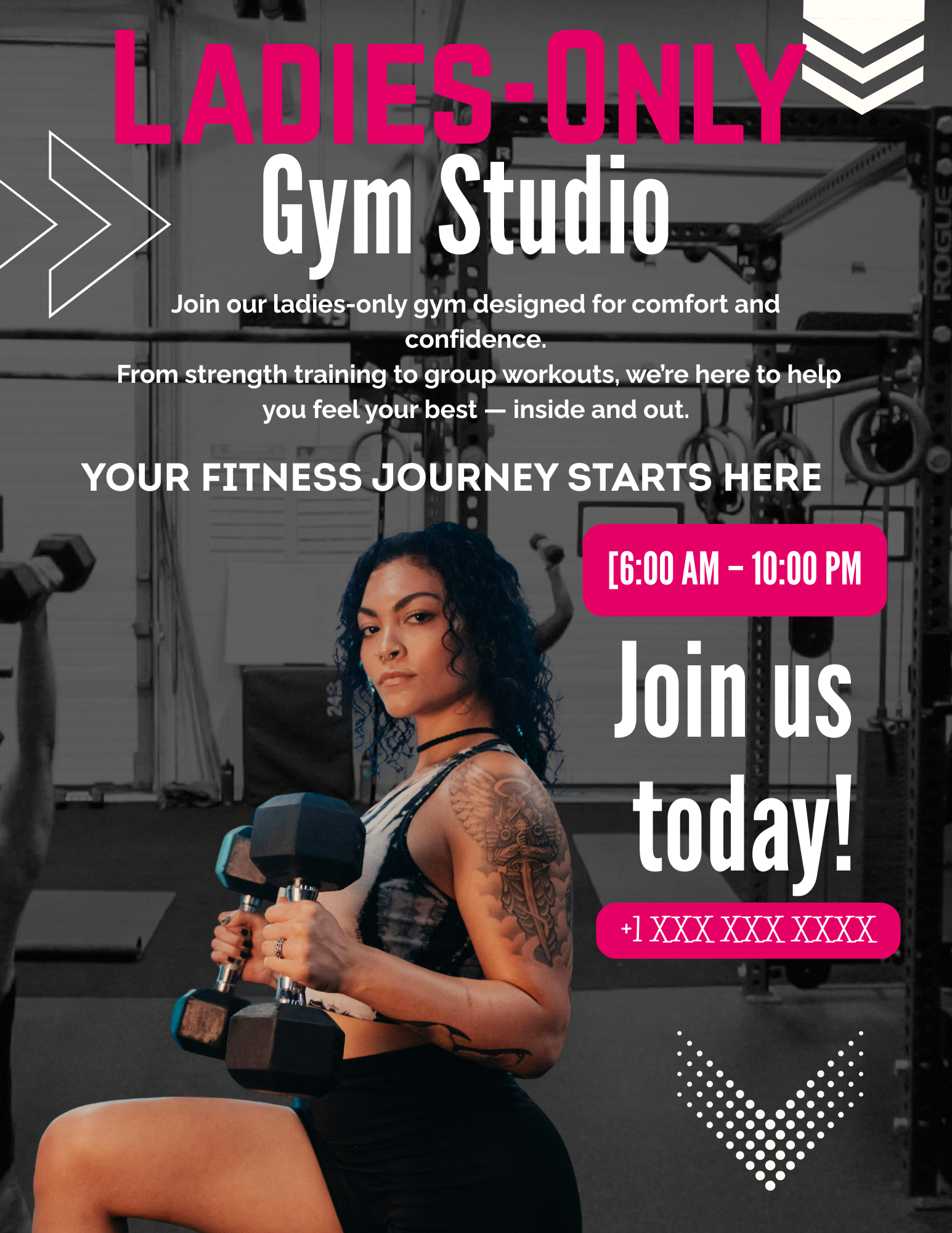 Black and pink Gym Flyer Template featuring bold typography for personal trainers, fitness boot camps, and gym promotions.