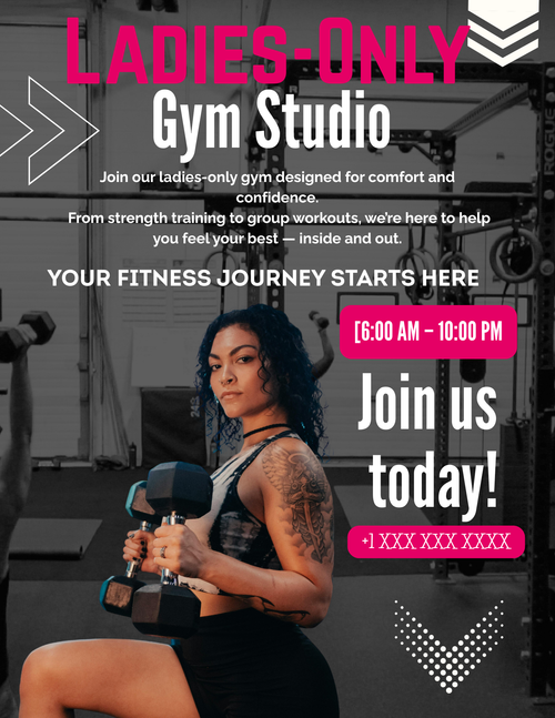 Black and pink Gym Flyer Template featuring bold typography for personal trainers, fitness boot camps, and gym promotions.
