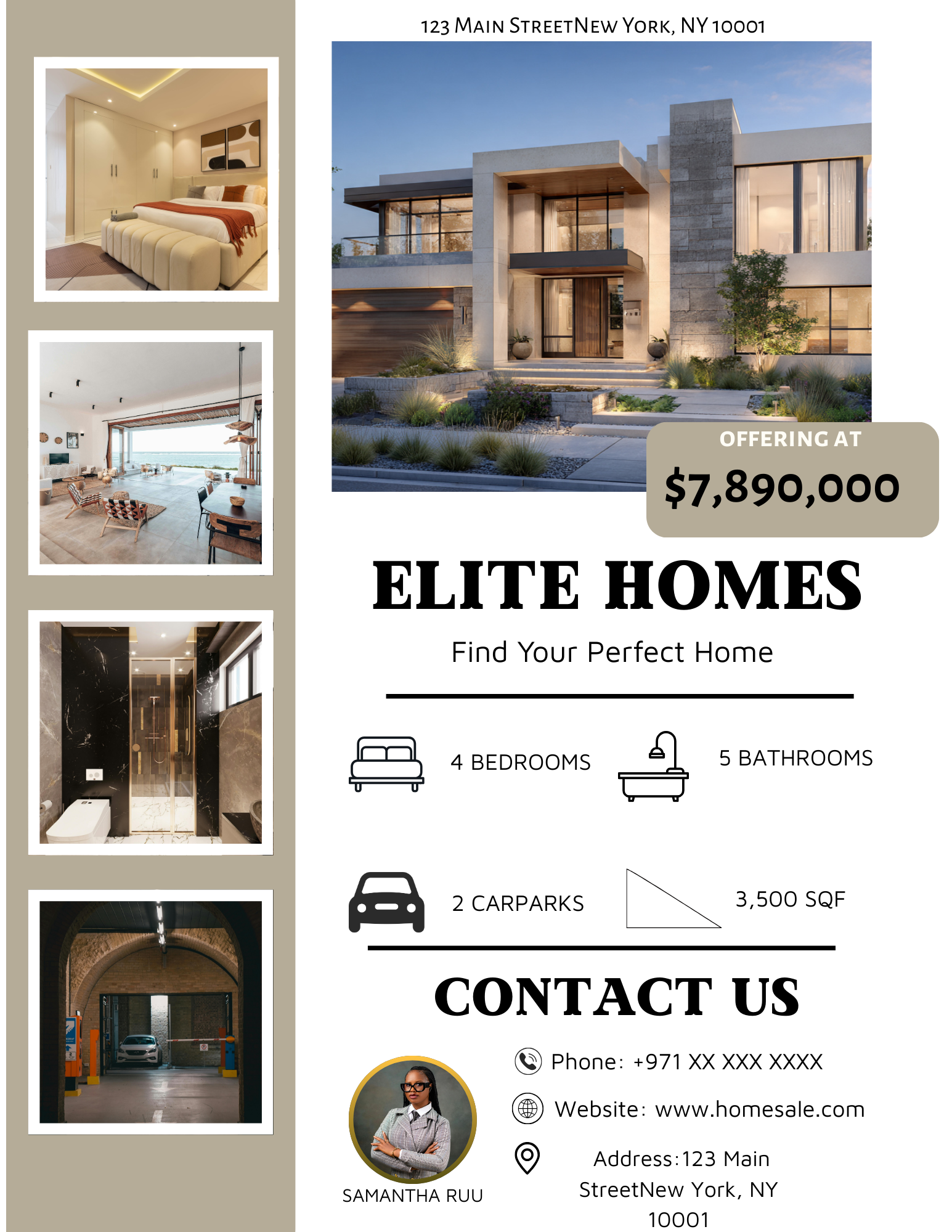 Minimalist neutral Home Flyer Template featuring property photos for real estate agents and open house marketing.