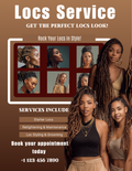 Earth tone Locs Flyer Template featuring booking details and a rate card for locticians and natural hair stylists.