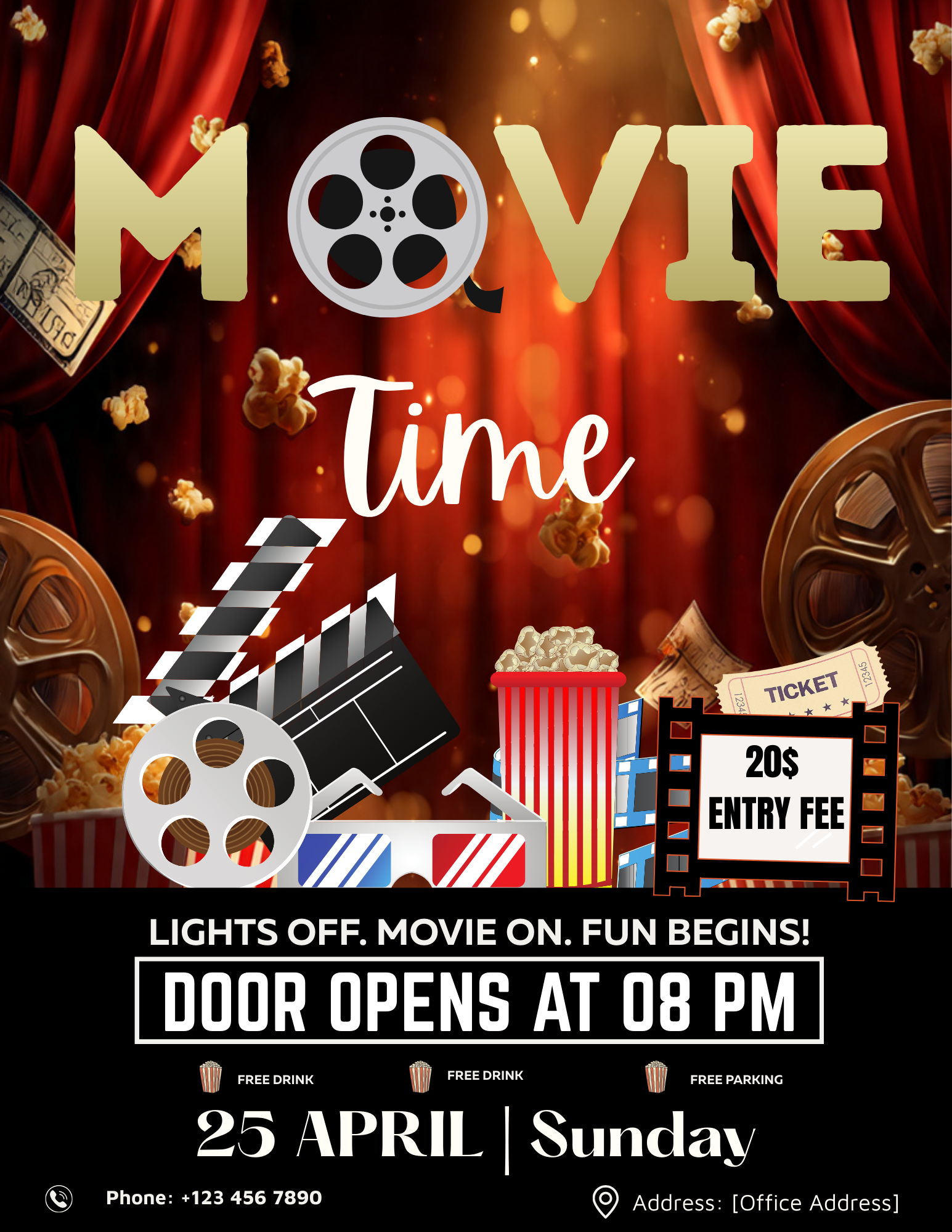 Vintage cinematic Movie Flyer Template featuring ticket and popcorn graphics for outdoor cinema events and backyard movie nights.