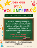 Colorful PTA Volunteer Flyer Template with school graphics for parent-teacher recruitment and event sign-ups.