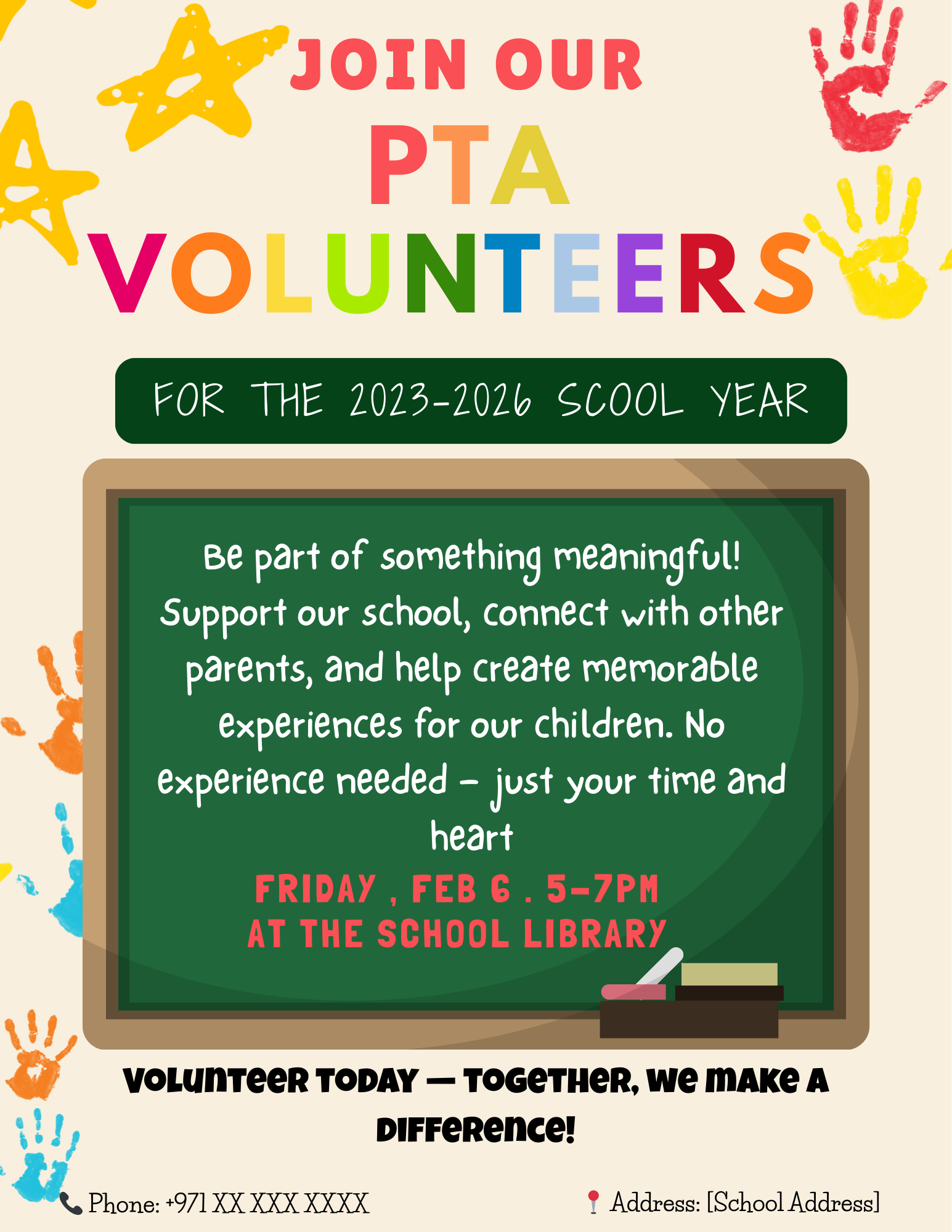 Colorful PTA Volunteer Flyer Template with school graphics for parent-teacher recruitment and event sign-ups.
