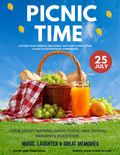 Blue and Green gingham Picnic Flyer Template with food illustrations for summer outdoor party events.