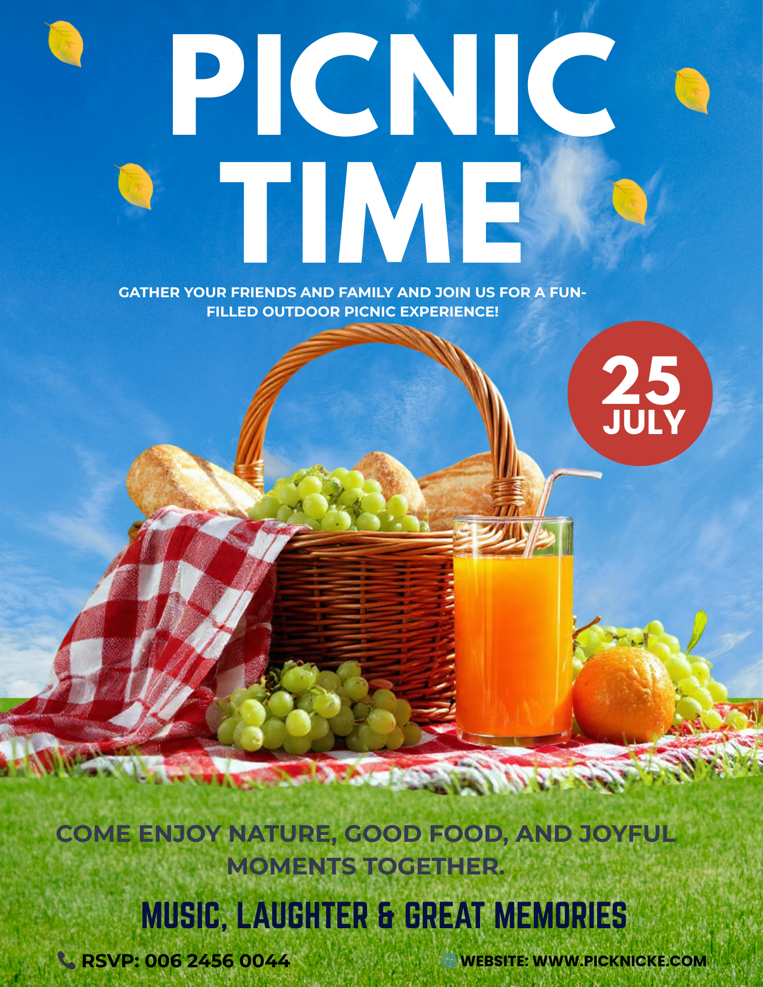 Blue and Green gingham Picnic Flyer Template with food illustrations for summer outdoor party events.