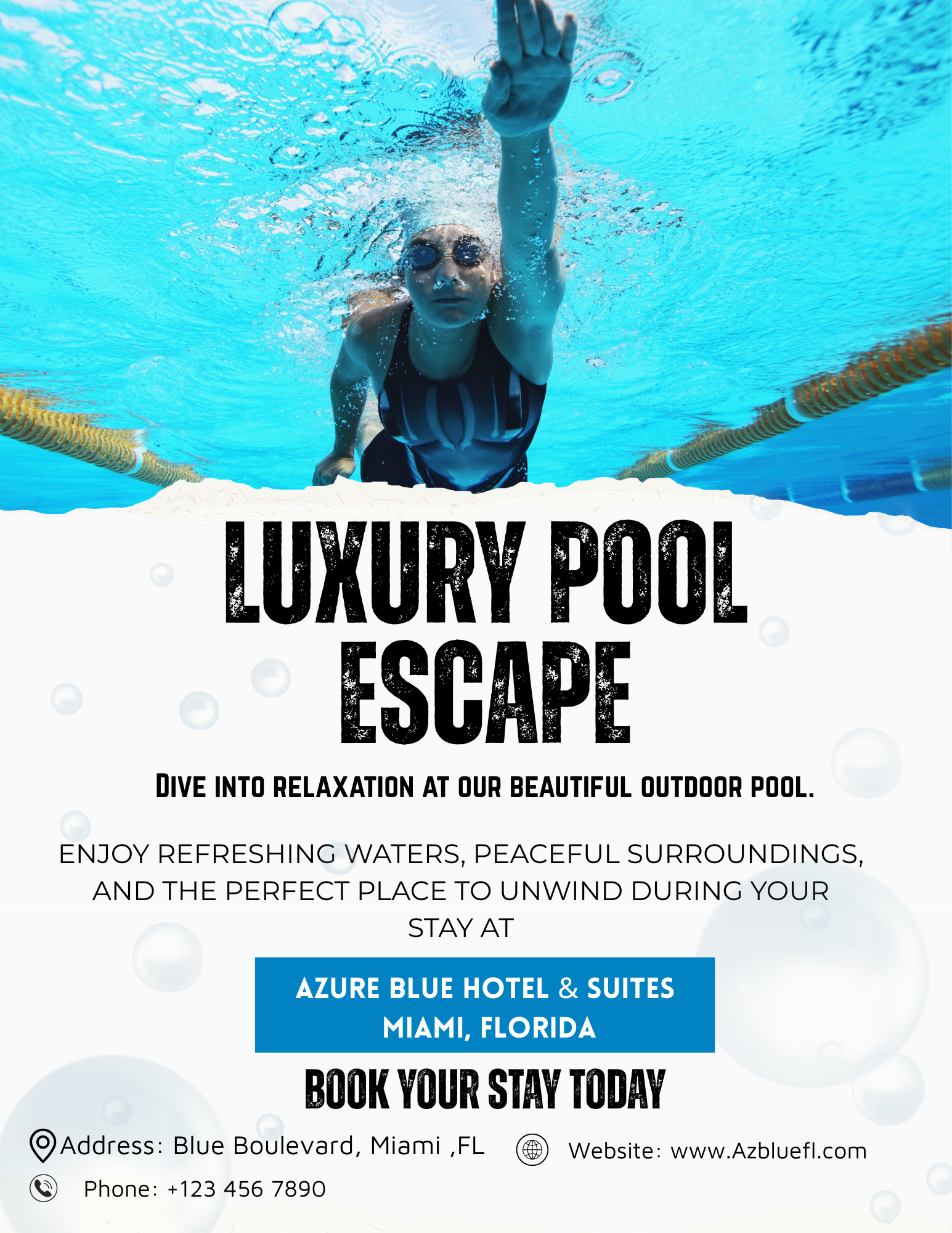 Bright blue tropical Pool Flyer Template featuring water splash graphics for summer party invitations and community pool events.