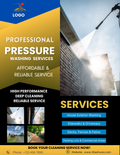 Bold Pressure Washing Service Flyer Template featuring before and after photo placeholders for power washing contractors and exterior cleaners.