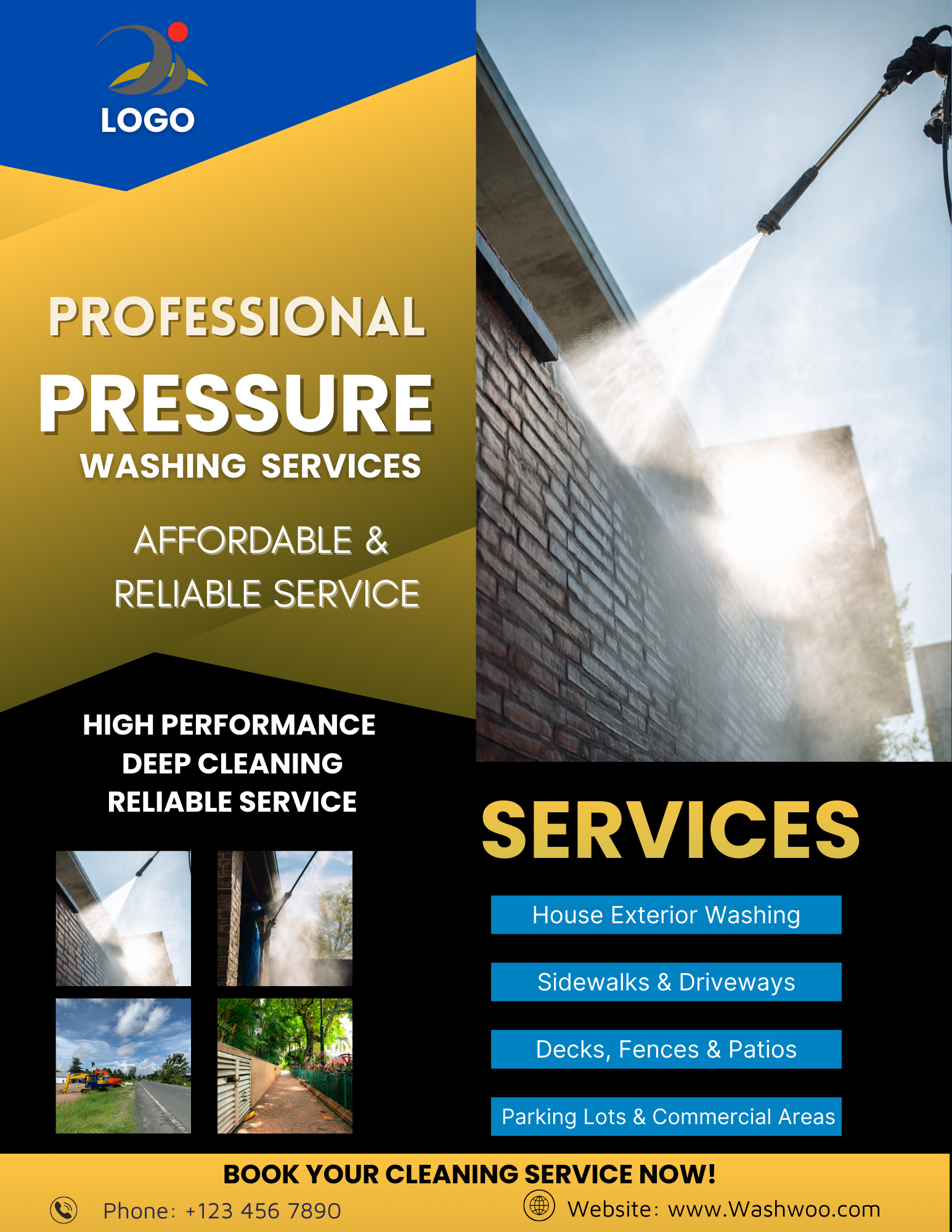 Bold Pressure Washing Service Flyer Template featuring before and after photo placeholders for power washing contractors and exterior cleaners.