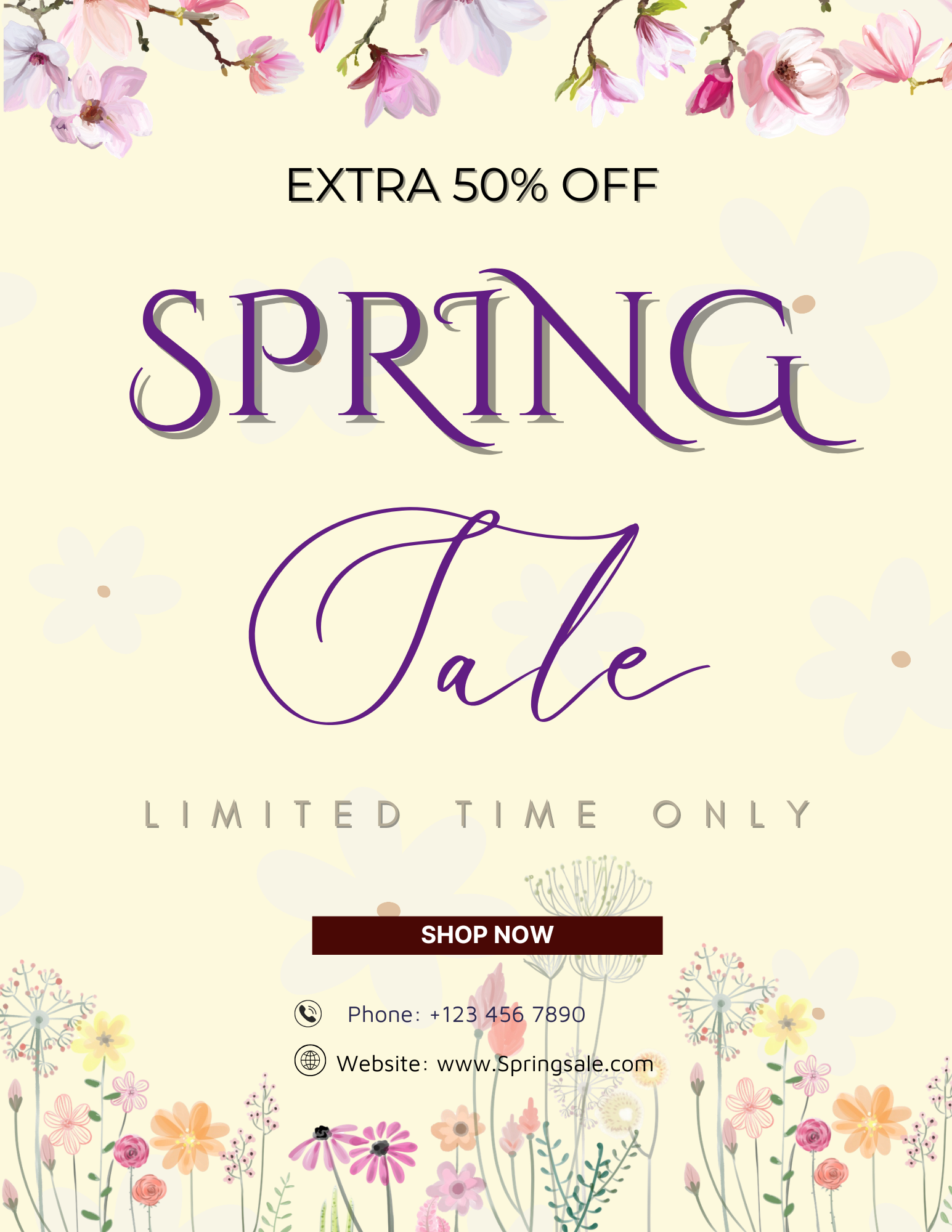 Pastel floral Spring Sale Flyer Template featuring product placeholders and discount codes for retail boutiques and seasonal promotions.