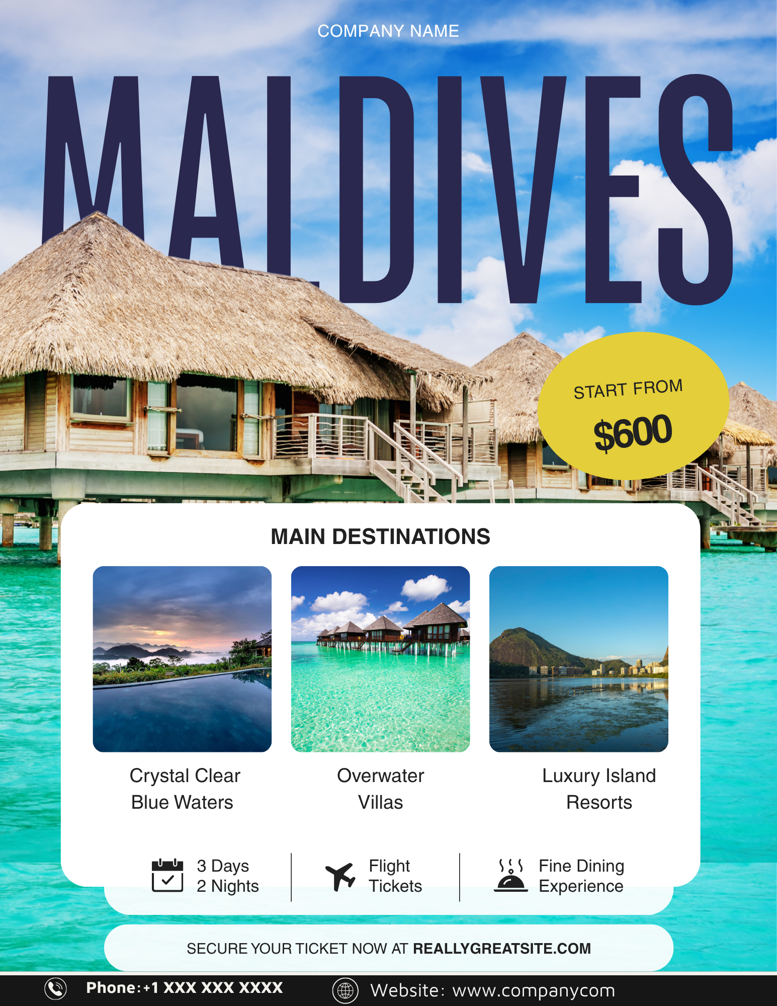 Modern tropical Travel Flyer Template featuring destination photos and package details for travel agencies and vacation planners.