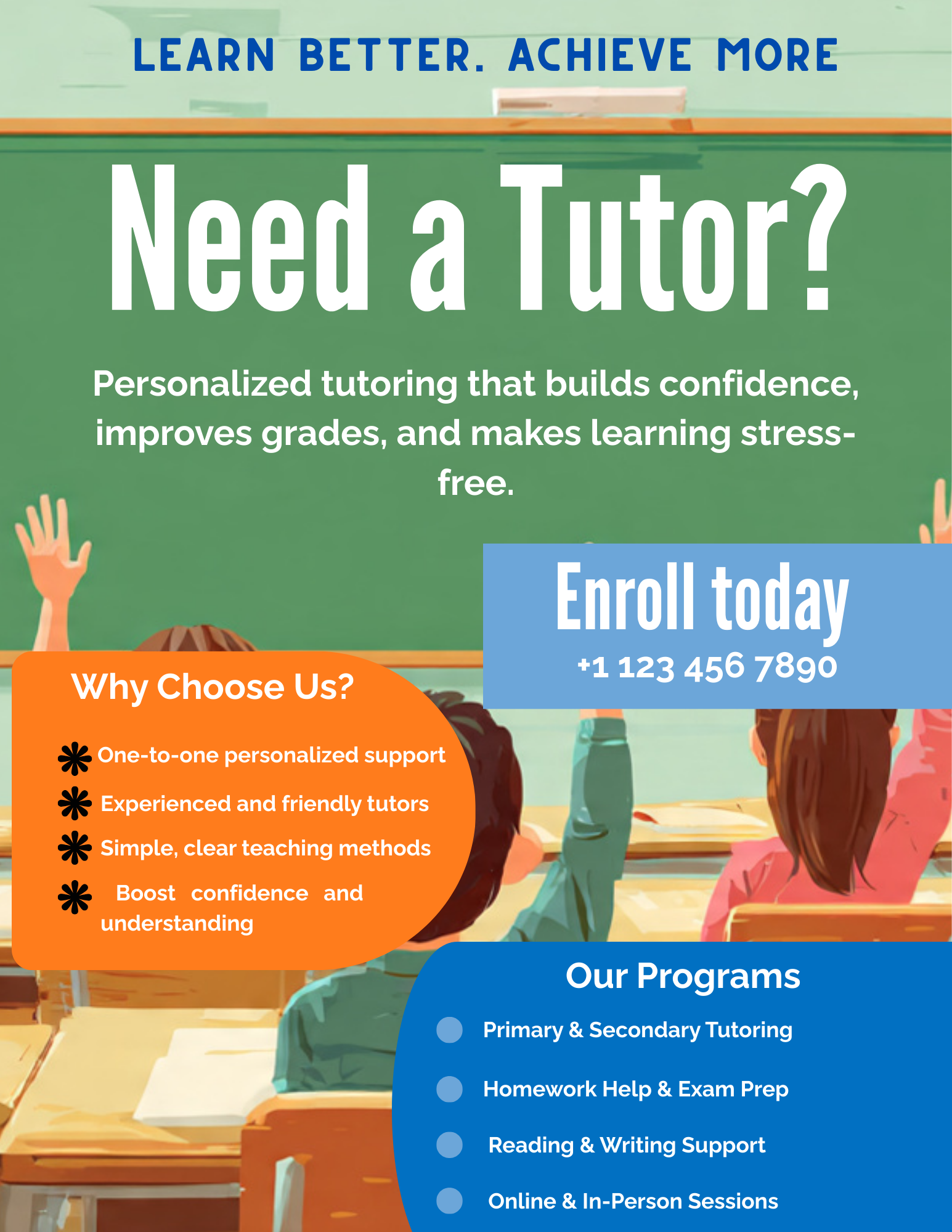 Colorful Tutoring Flyer Template featuring subject lists and hourly rates for private teachers and test prep centers.