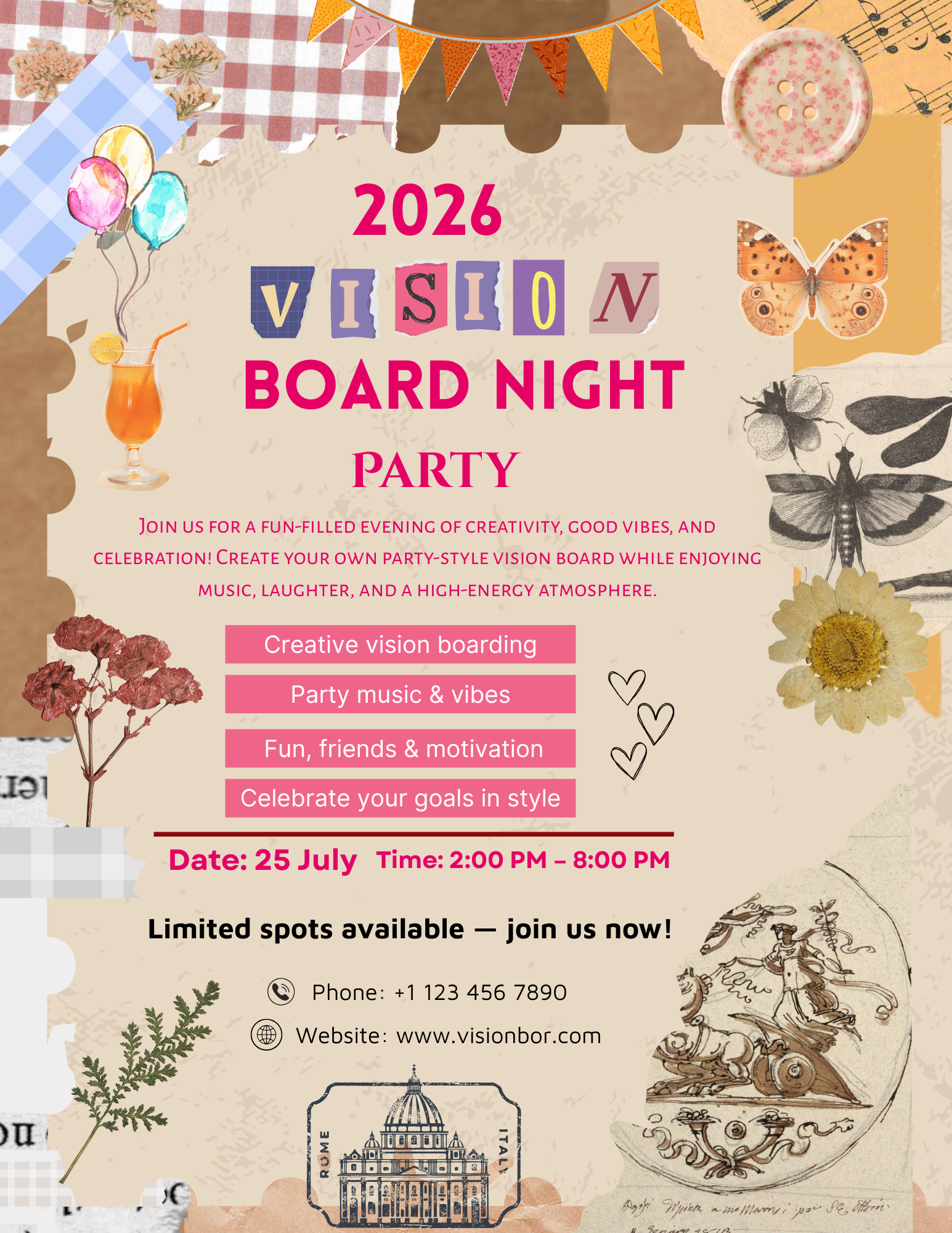 Boho style Vision Board Party Flyer Template featuring manifestation graphics for goal setting events and wellness workshops.