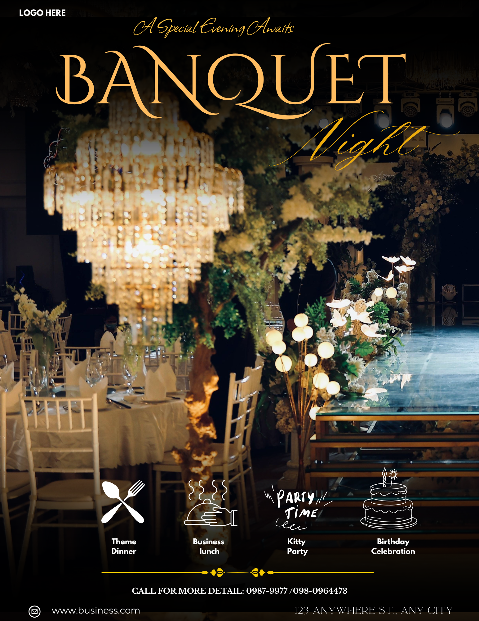 Professional banquet flyer template for Canva featuring an editable formal dinner poster and awards ceremony invitation for 8.5x11 prints.