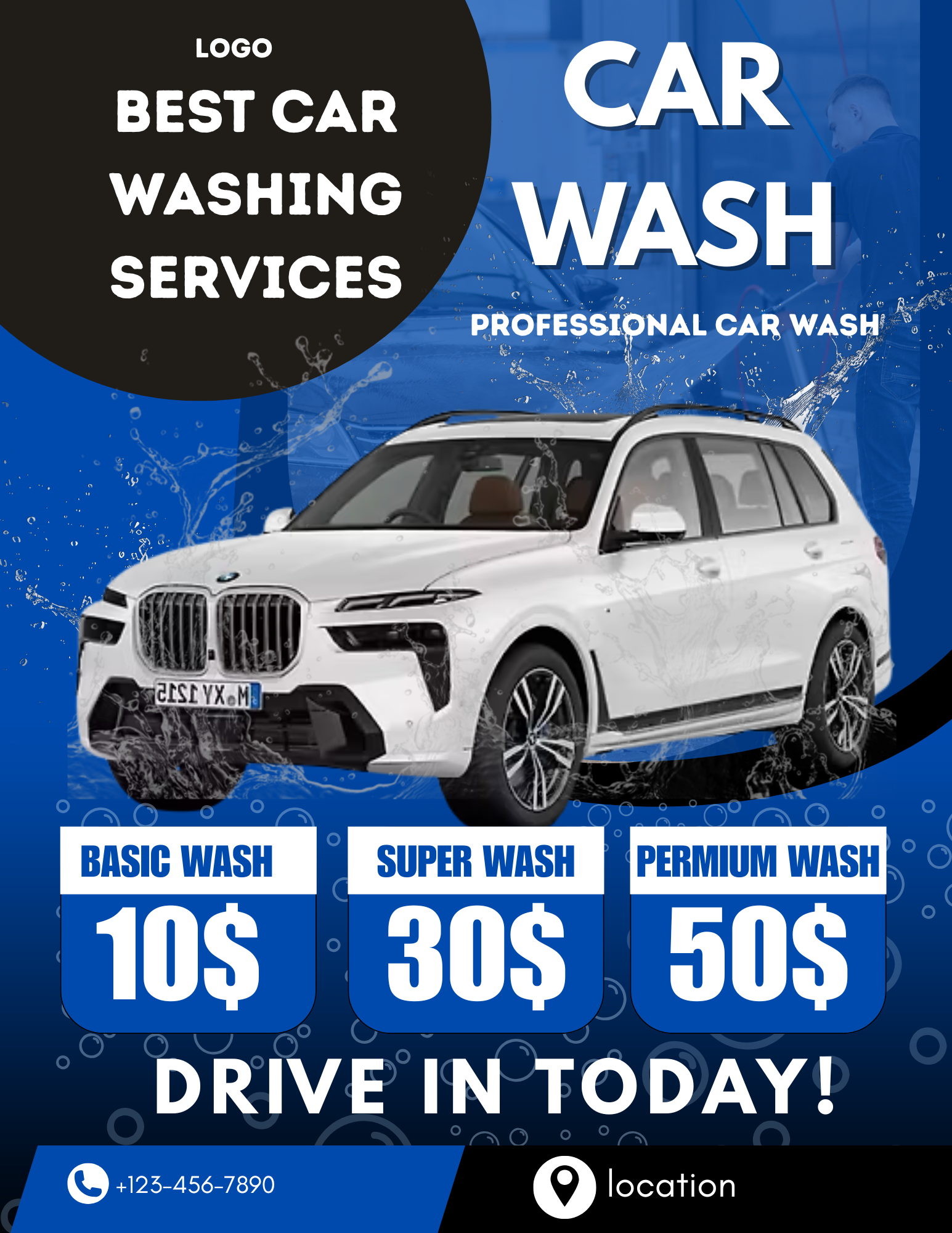 Professional carwash flyer template for Canva featuring an editable auto detailing service menu and mobile car wash price list for 8.5x11 prints.
