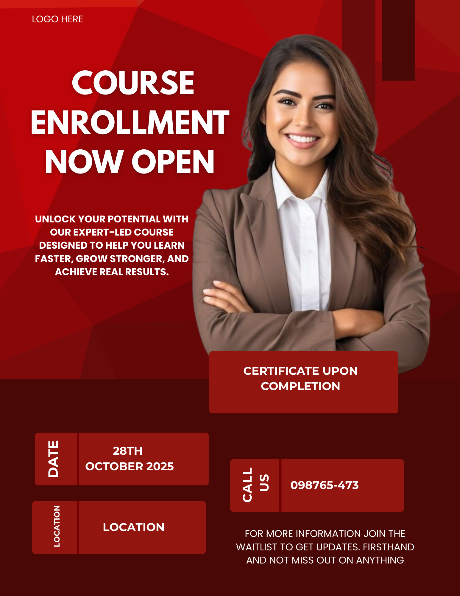 Professional course flyer template for Canva featuring an editable online class poster and educational workshop curriculum design for 8.5x11 prints.