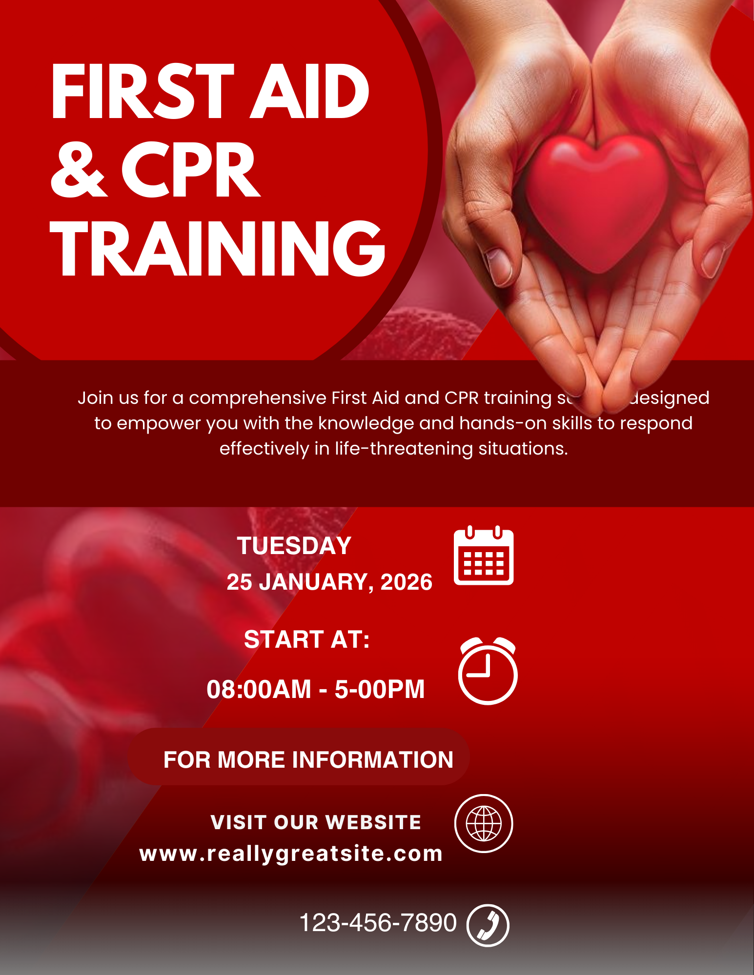 Professional CPR flyer template for Canva featuring an editable first aid training poster and life-saving certification class marketing design for 8.5x11 prints.