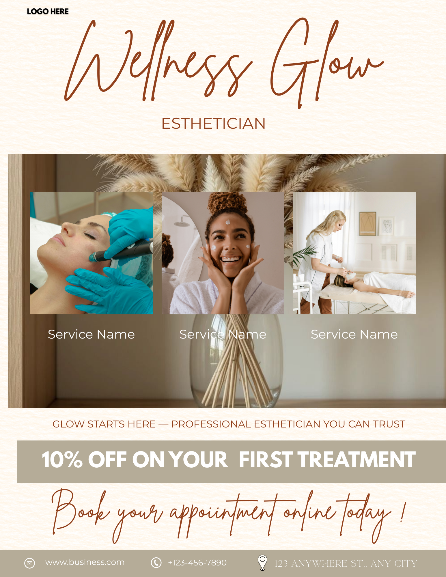 Professional esthetician flyer template for Canva featuring an editable skincare service menu and beauty shop price list for 8.5x11 prints.