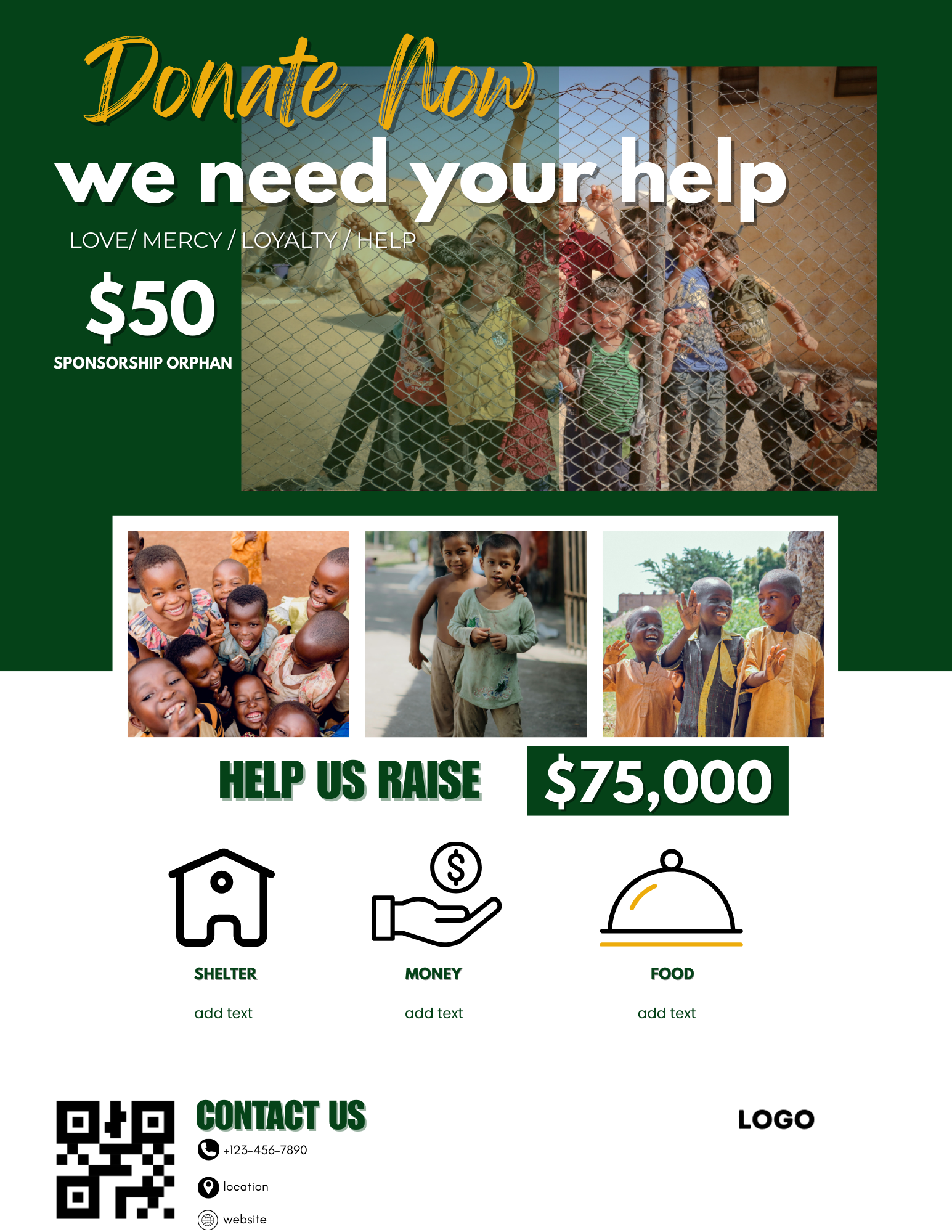 Professional fundraising flyer template for Canva featuring an editable charity event poster and non-profit donation price list for 8.5x11 prints.
