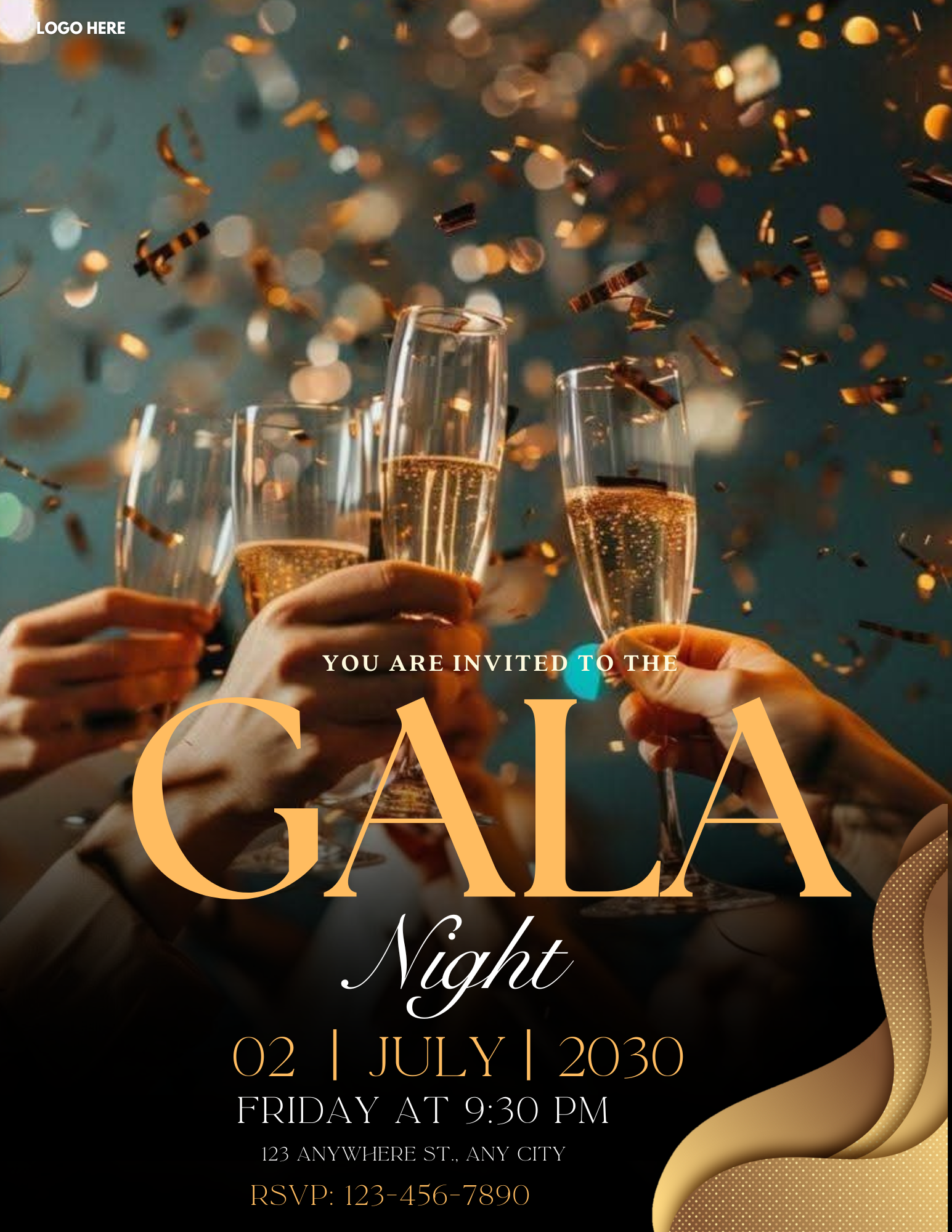Professional gala flyer template for Canva featuring an editable charity ball poster and formal black-tie event invitation for 8.5x11 prints.