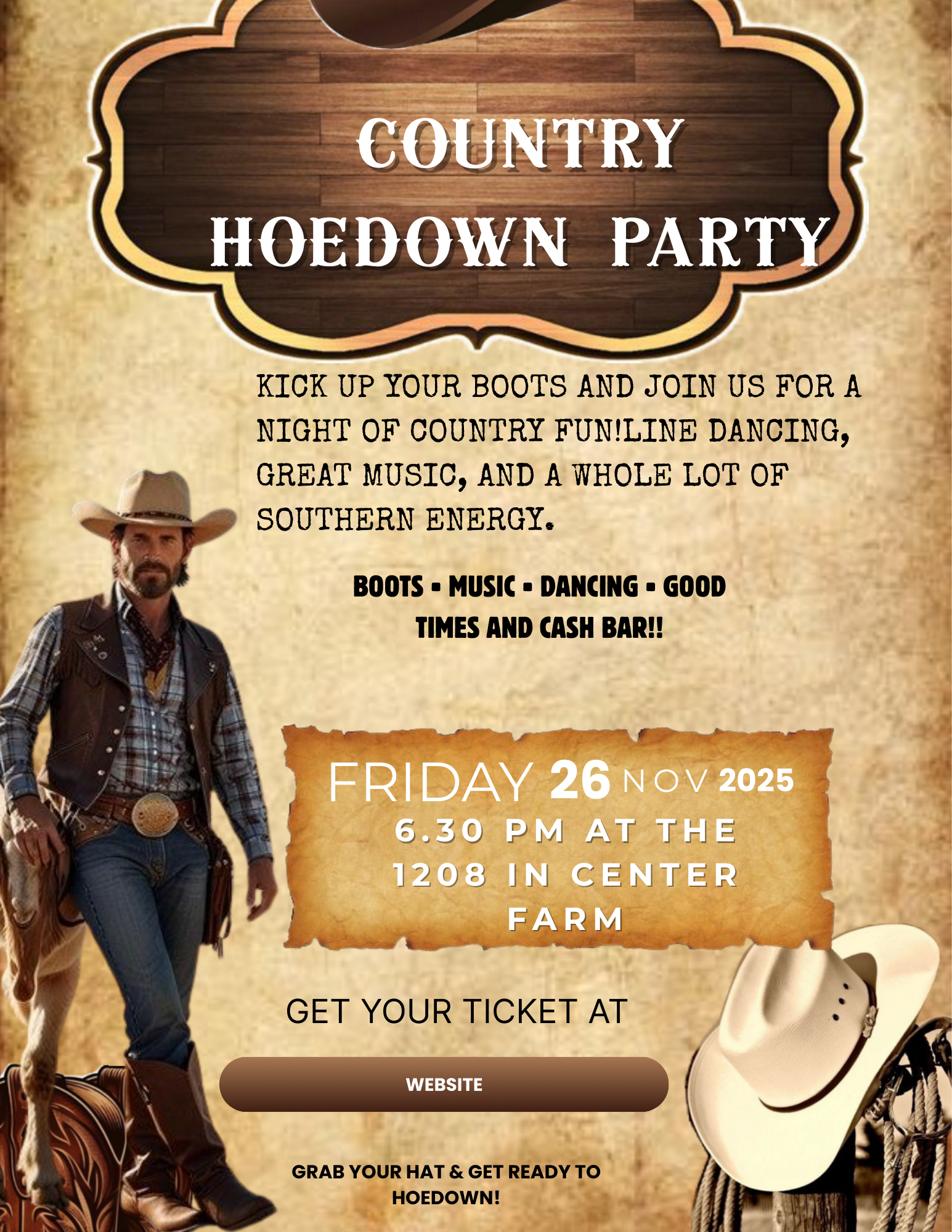 Professional hoedown flyer template for Canva featuring an editable country western party poster and barn dance event marketing design for 8.5x11 prints.