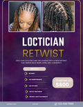 Professional loctician flyer template for Canva featuring an editable dreadlock service menu and locs price list for 8.5x11 prints.