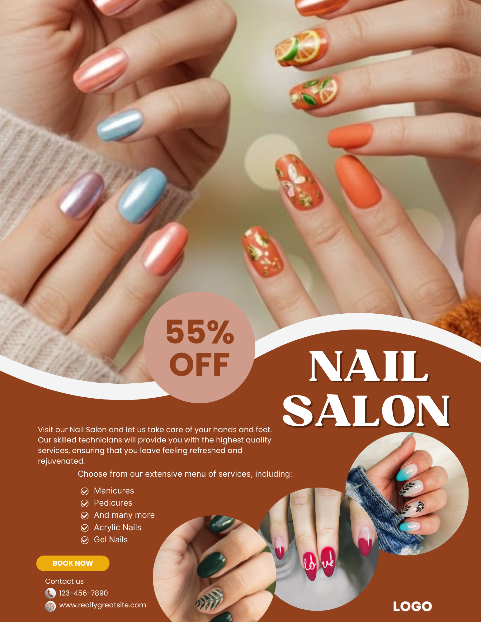 Professional nail flyer template for Canva featuring an editable manicure price list poster and nail salon service menu for 8.5x11 prints.