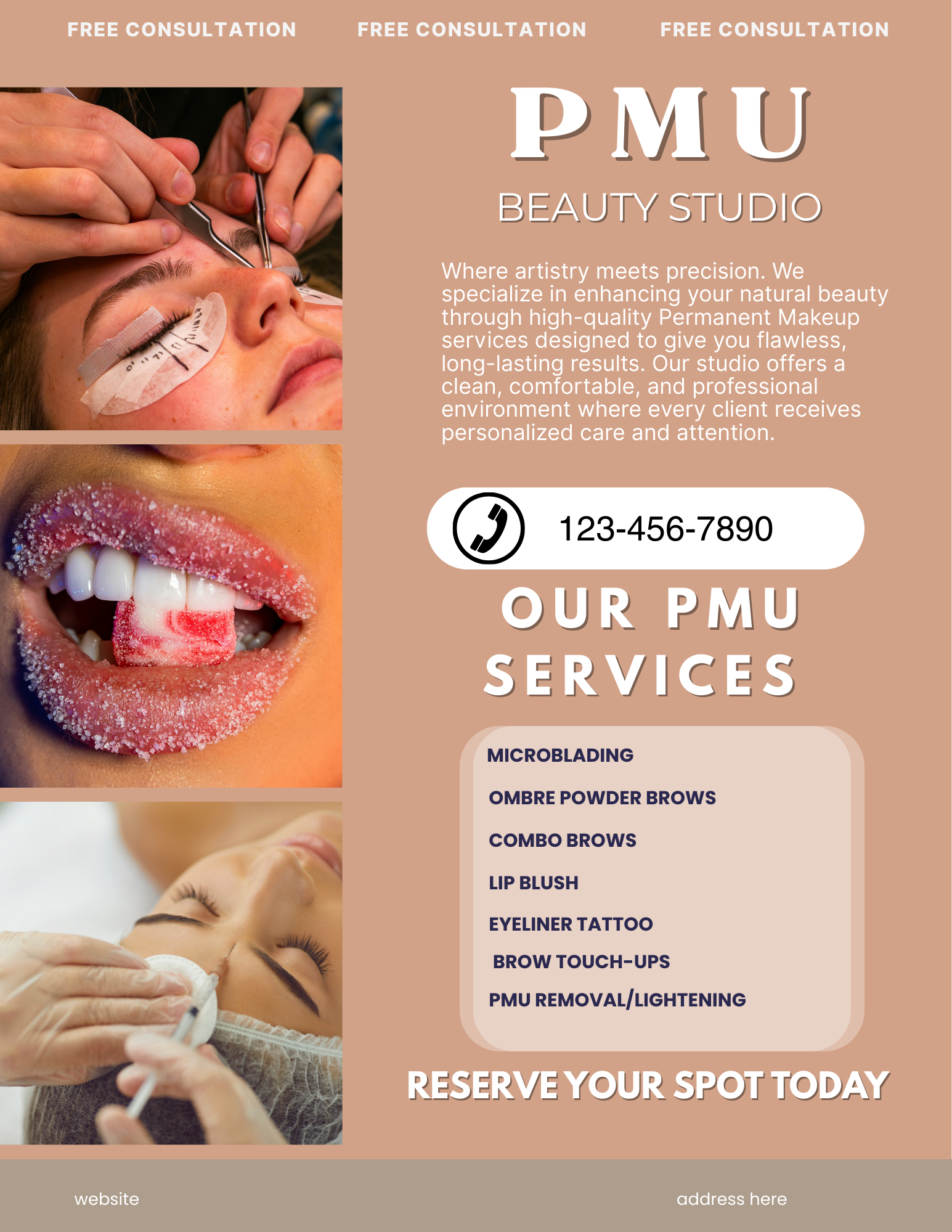Professional PMU flyer template for Canva featuring an editable microblading price list poster and permanent makeup service menu for 8.5x11 prints.