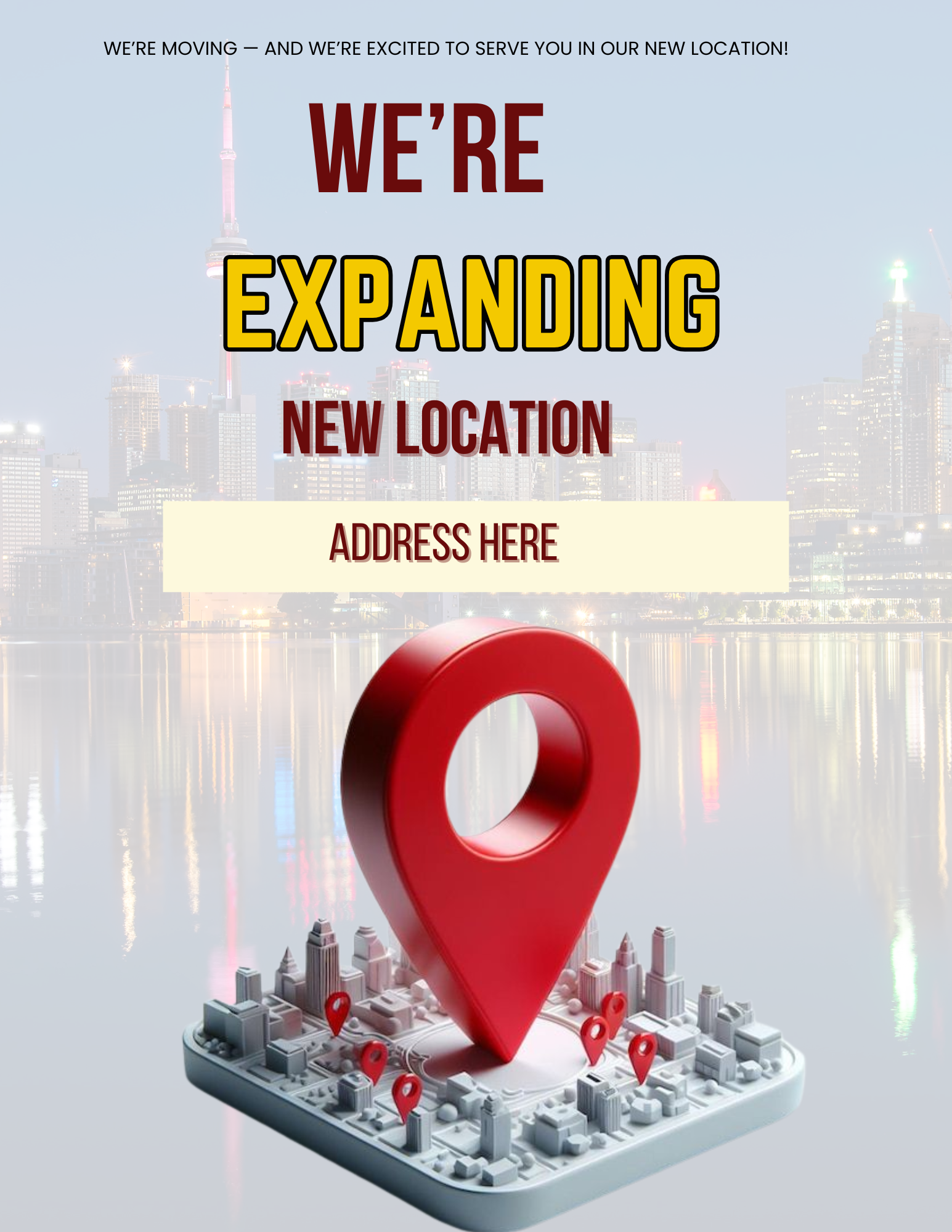 Professional relocation flyer template for Canva featuring an editable we're moving announcement and new business location poster for 8.5x11 prints.