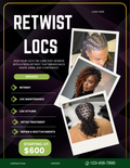 Professional retwist flyer template for Canva featuring an editable locs maintenance price list and loctician booking service menu for 8.5x11 prints.