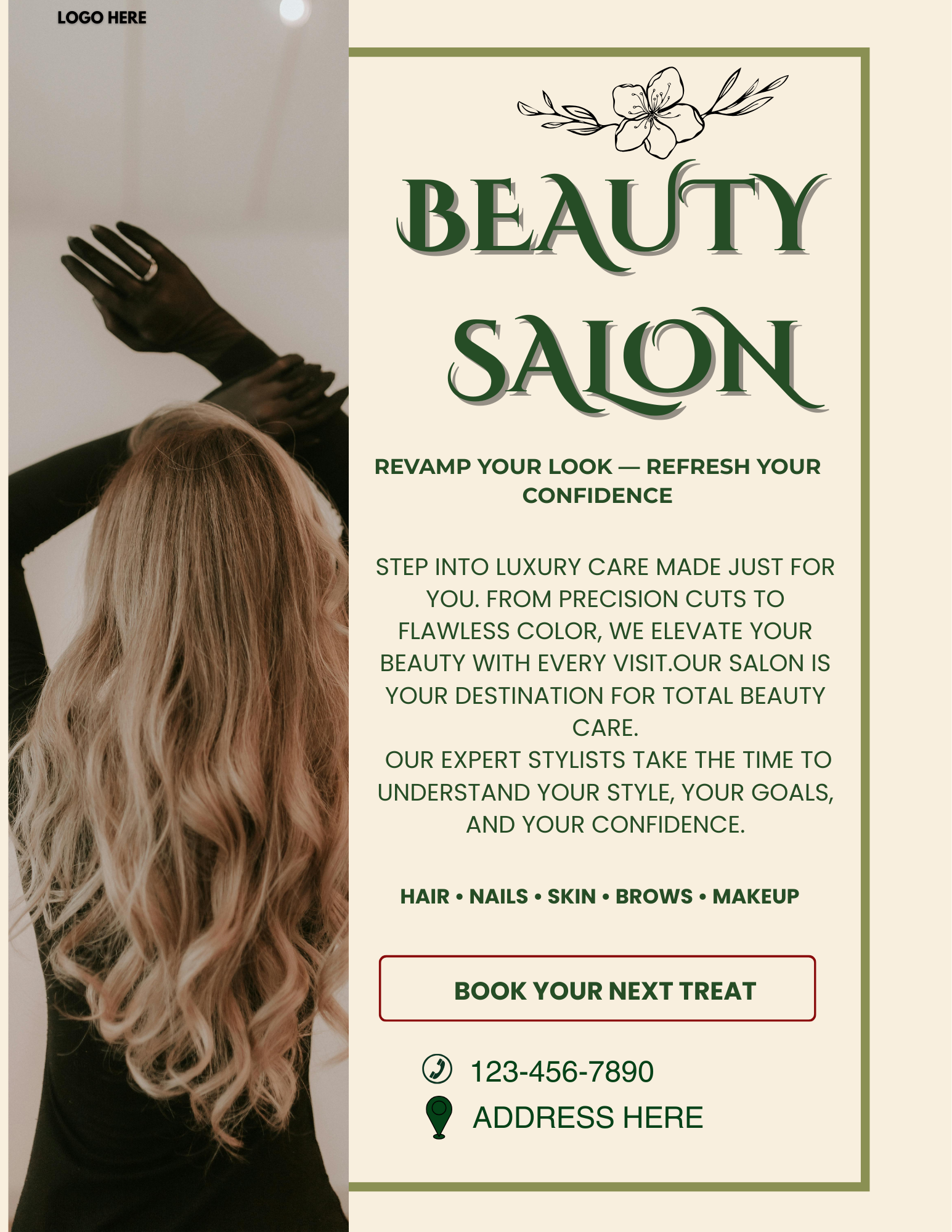 Professional salon flyer template for Canva featuring an editable beauty service menu and hair salon price list for 8.5x11 prints.