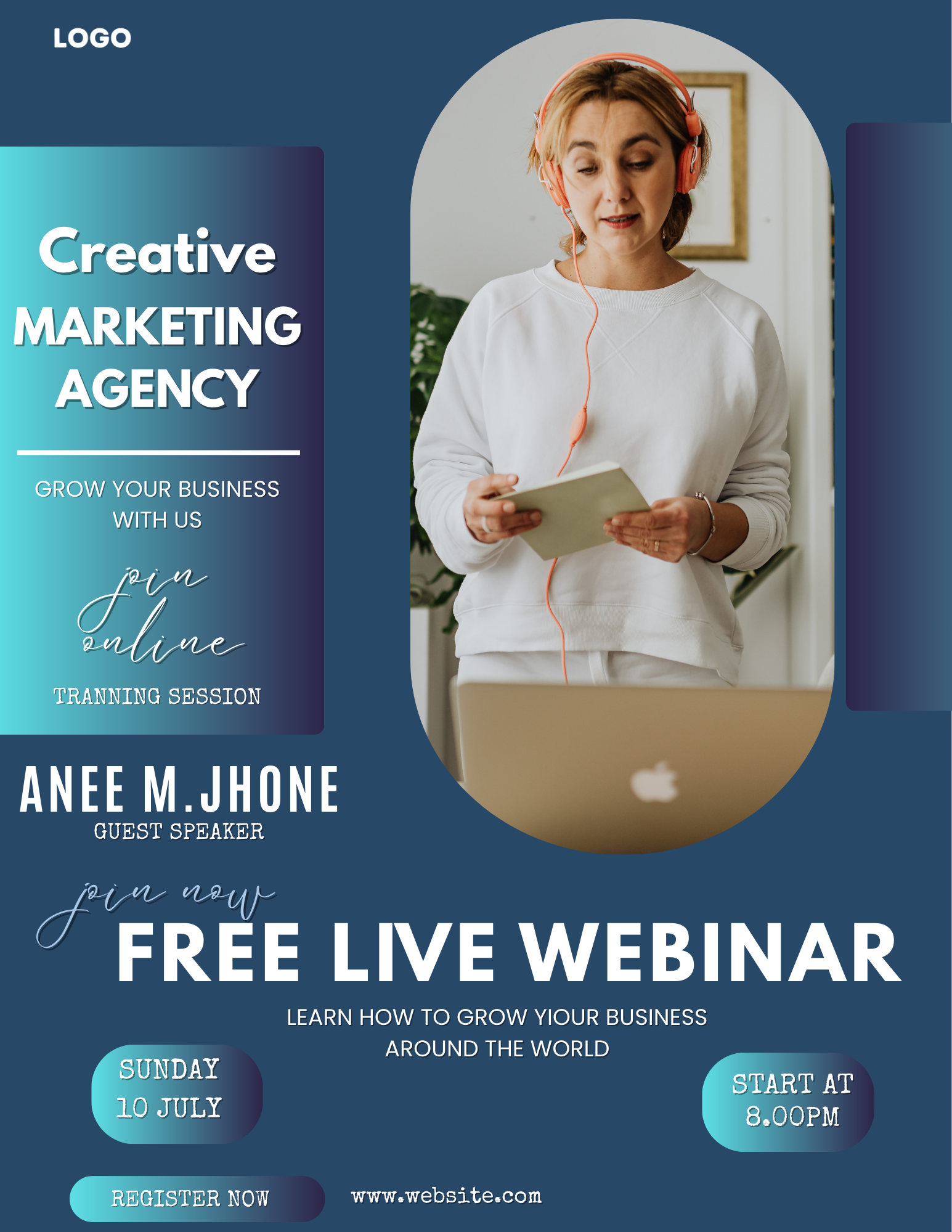 Professional webinar flyer template for Canva featuring an editable online workshop poster and virtual masterclass event marketing design for 8.5x11 prints.